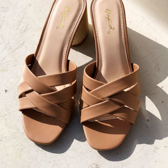 NEW Multi Crisscross Straps Natural Raffia Oval Block Heel Slip On Slide Sandals - Picture 9 of 14